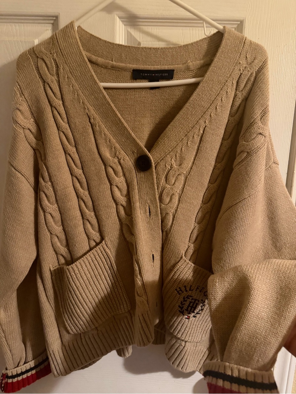 Tommy Hilfiger Beige Cable-Knit V-Neck Cardigan with Pocket Logo